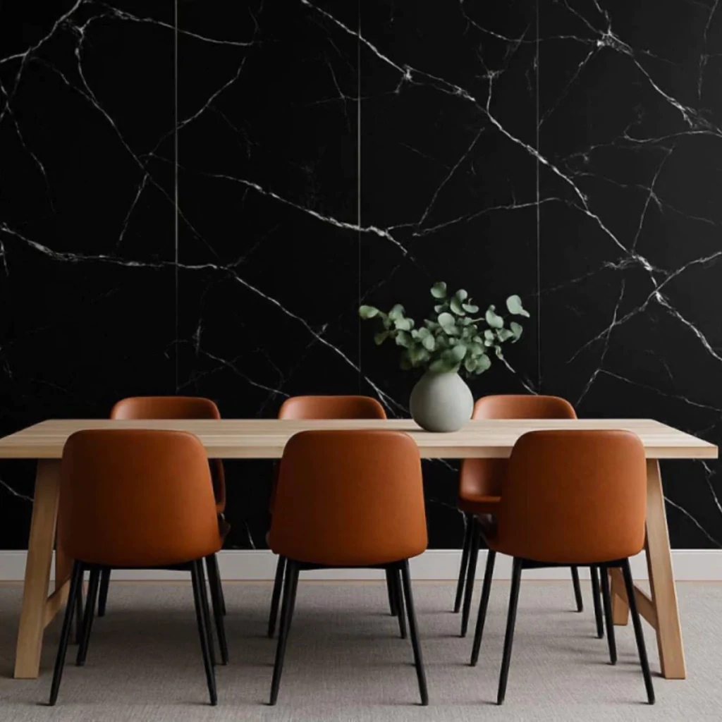 Rollo Autoadhesivo Simil Marmol Brillante 1,2 x 3 M Negro Veteado · Presentacion ambientada