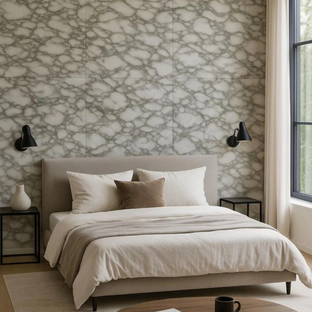 Rollo Autoadhesivo Simil Marmol Brillante 1,2 x 3 M Blanco Marmolado · Presentacion ambientada
