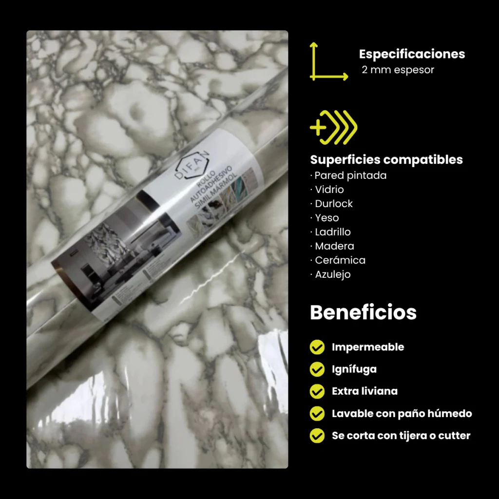 Rollo Autoadhesivo Simil Marmol Brillante 1,2 x 3 M Blanco Marmolado · Información técnica