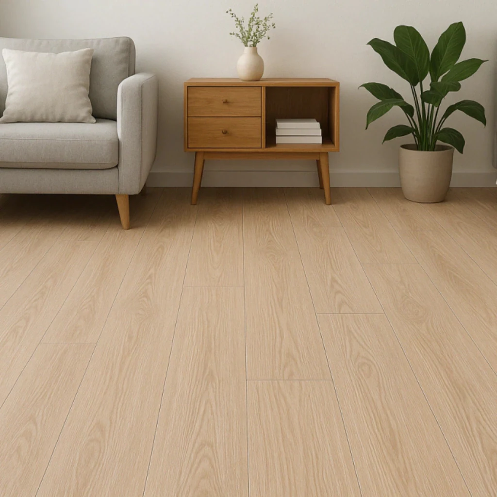 Piso Autoadhesivo Simil Madera Beige Caja 5m2 · Presentacion ambientada