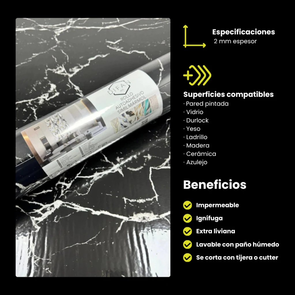 Rollo Autoadhesivo Simil Marmol Brillante 1,2 x 3 M Negro Veteado · Información técnica