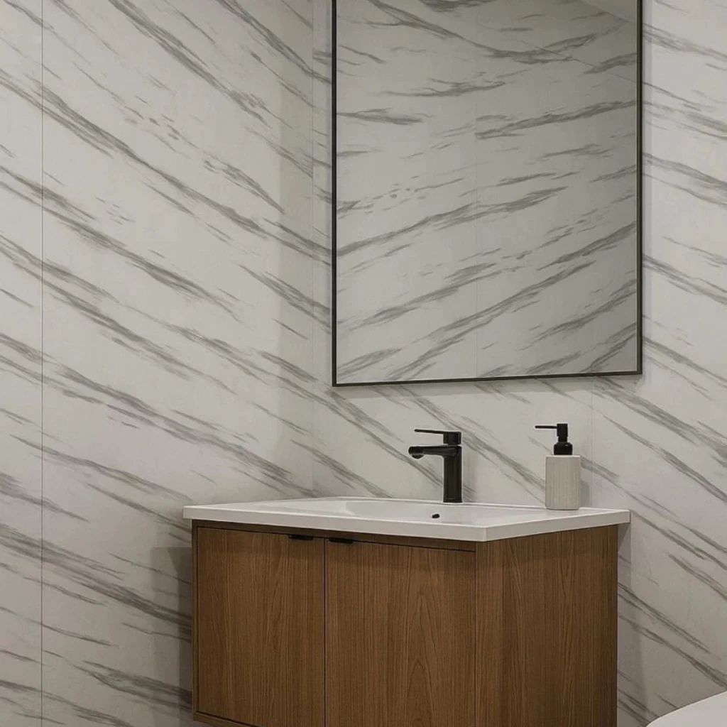 Rollo Autoadhesivo Simil Marmol Brillante 1,2 x 3 M Blanco Veteado · Presentacion ambientada