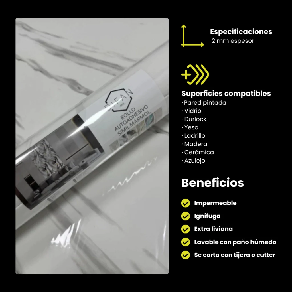 Rollo Autoadhesivo Simil Marmol Brillante 1,2 x 3 M Blanco Veteado · Información técnica